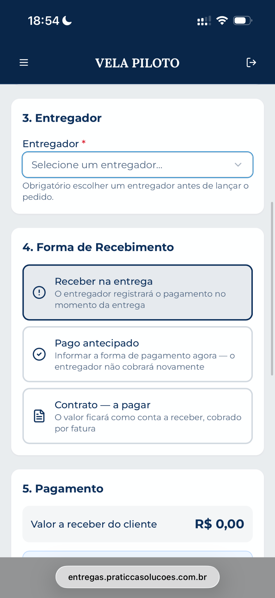 Tela real do VELA para entregador e forma de recebimento