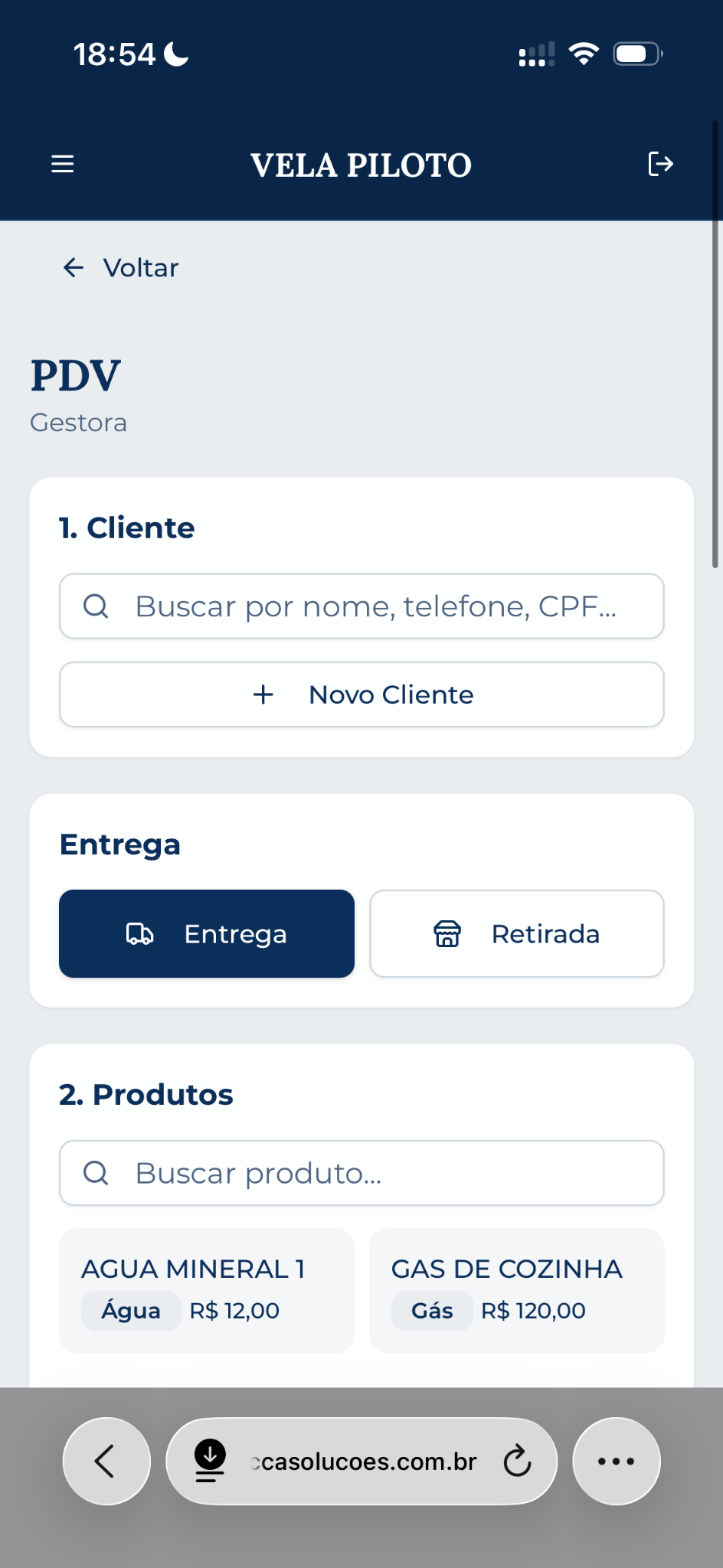 Tela real do PDV do VELA com cliente, entrega e produtos